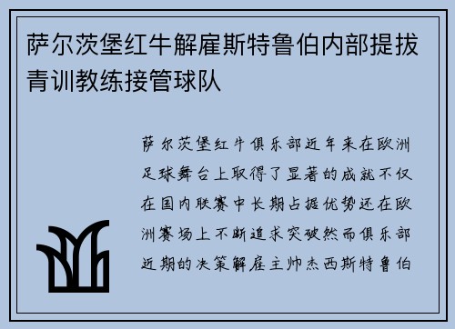 萨尔茨堡红牛解雇斯特鲁伯内部提拔青训教练接管球队 萨尔茨堡红牛解雇斯特鲁伯内部提拔青训教练接管球队