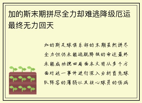 加的斯末期拼尽全力却难逃降级厄运最终无力回天 加的斯末期拼尽全力却难逃降级厄运最终无力回天