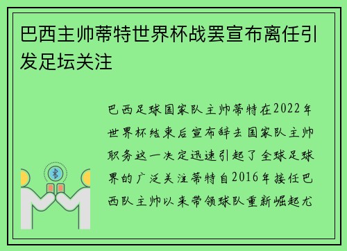 巴西主帅蒂特世界杯战罢宣布离任引发足坛关注 巴西主帅蒂特世界杯战罢宣布离任引发足坛关注
